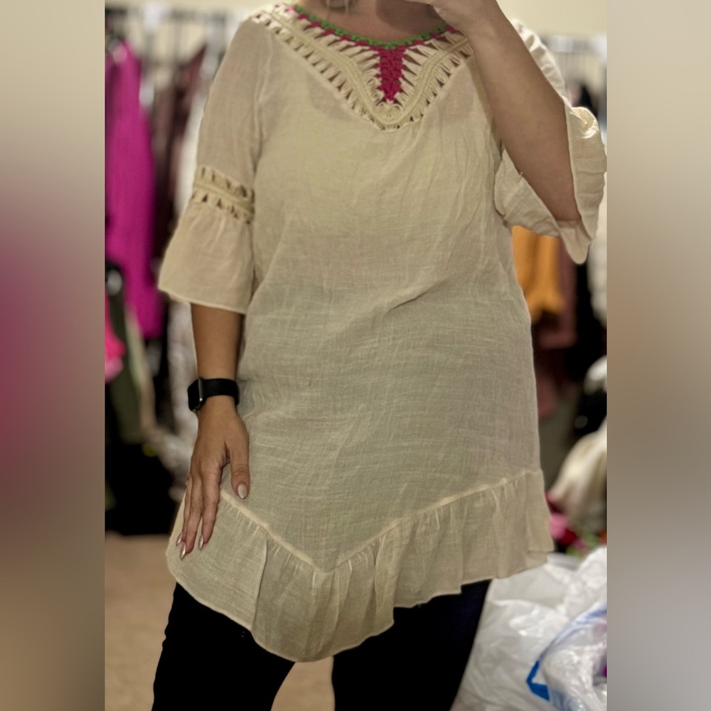 Cream Crochet-Trim Tunic Top with Fringe Accent and Open Back